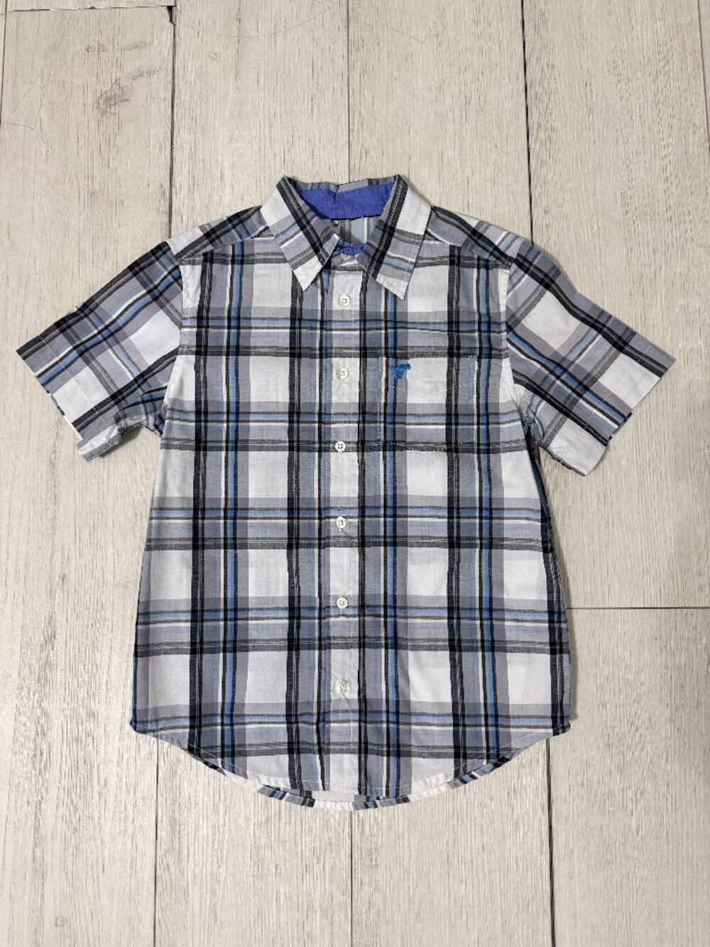 Wrangler Boys Button Down Shirt Short Sleeve Plaid Gray Blue White Medium 8